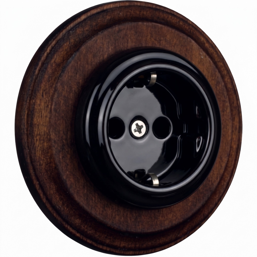 Elhard - Keramische retro wandcontactdoos met afdekraam SCHUKO 230V zwart/donker hout