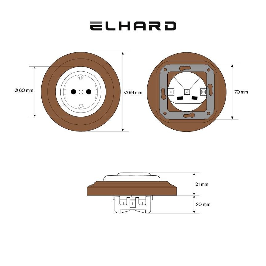 Elhard - Keramische retro wandcontactdoos met afdekraam SCHUKO 230V zwart/donker hout