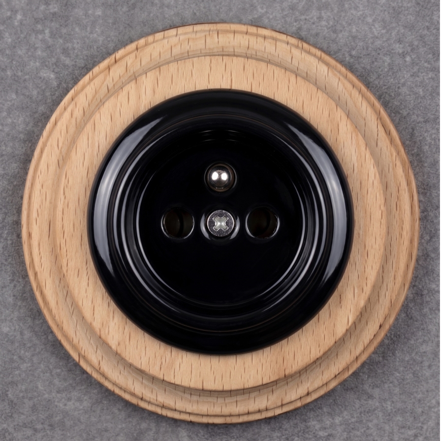 Elhard - Keramische retro wandcontactdoos met frame 230V zwart/licht hout