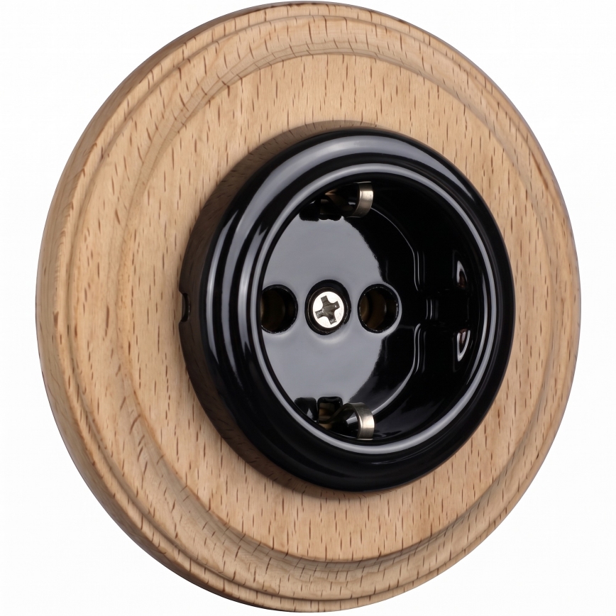 Elhard - Keramische retro wandcontactdoos met frame 230V zwart/licht hout