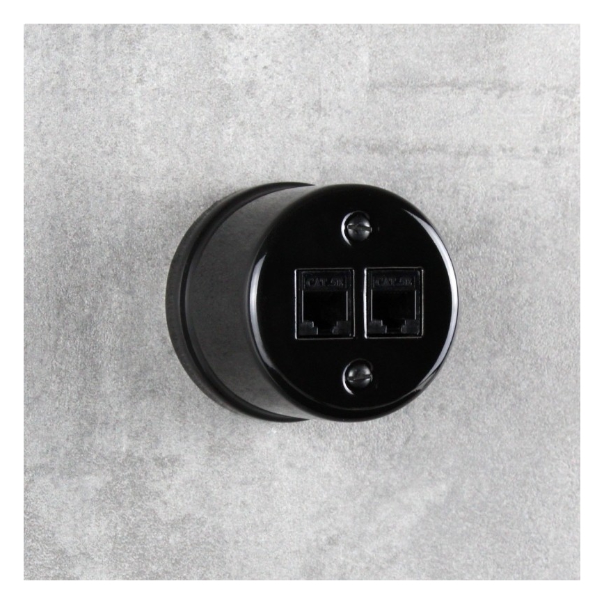 Elhard - Keramische retro wandcontactdoos voor data 2xRJ45, zwart