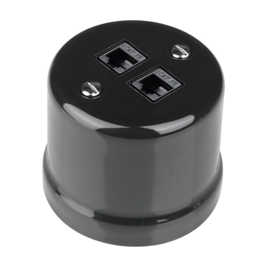 Elhard - Keramische retro wandcontactdoos voor data 2xRJ45, zwart