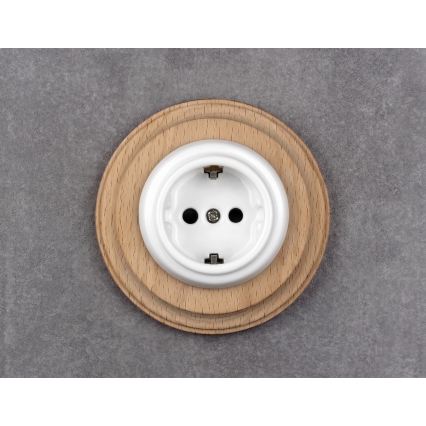 Elhard - Keramische retro wandcontactdoos met lijst SCHUKO 230V wit/licht hout