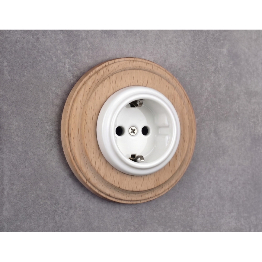 Elhard - Keramische retro wandcontactdoos met lijst SCHUKO 230V wit/licht hout