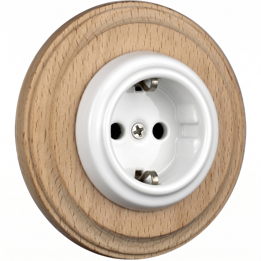 Elhard - Keramische retro wandcontactdoos met lijst SCHUKO 230V wit/licht hout