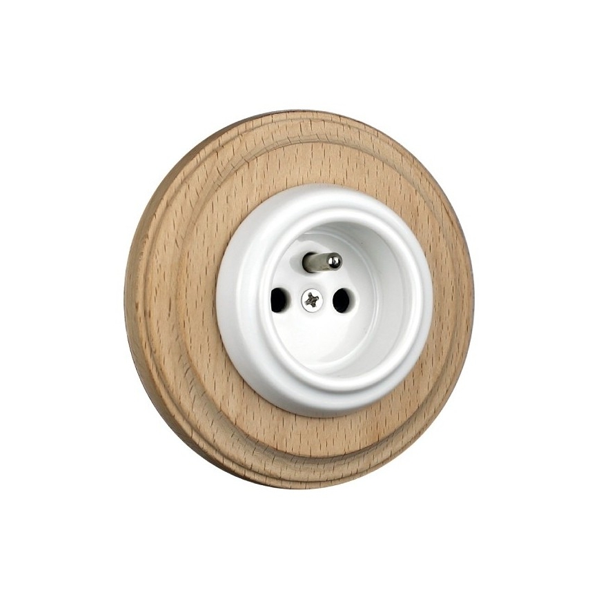 Elhard - Keramische retro-wandcontactdoos voor huishoudelijk gebruik met omlijsting 230V wit/licht hout