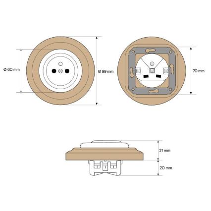 Elhard - Keramische retro-wandcontactdoos voor huishoudelijk gebruik met omlijsting 230V wit/licht hout