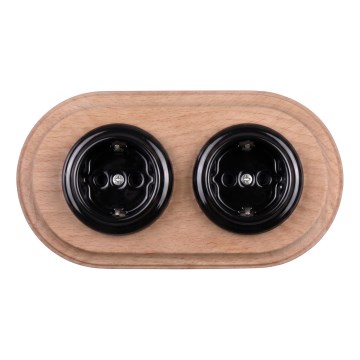 Elhard - Prise double céramique rétro pour usage domestique avec cadre SCHUKO 230V noire/bois clair