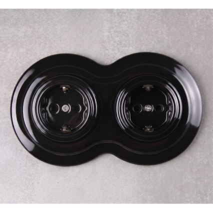 Elhard - Prise double en céramique au style rétro pour usage domestique, avec cadre SCHUKO 230V, noire