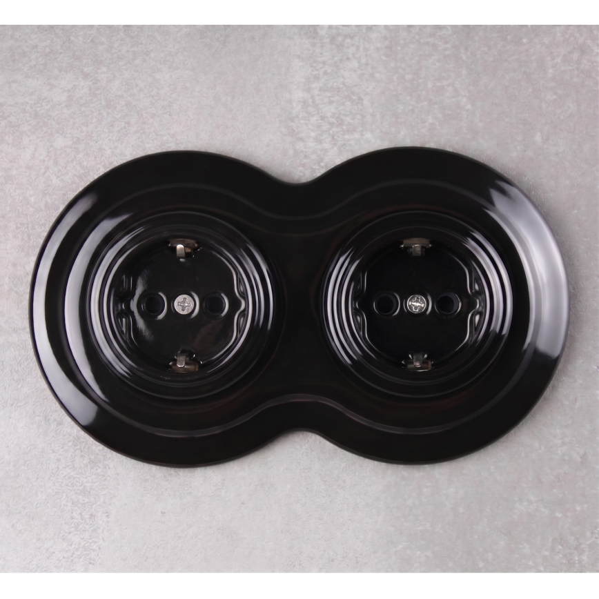Elhard - Prise double en céramique au style rétro pour usage domestique, avec cadre SCHUKO 230V, noire