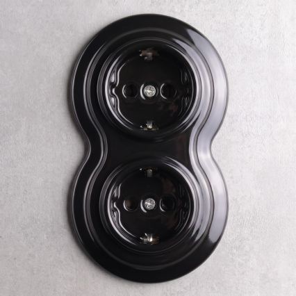 Elhard - Prise double en céramique au style rétro pour usage domestique, avec cadre SCHUKO 230V, noire