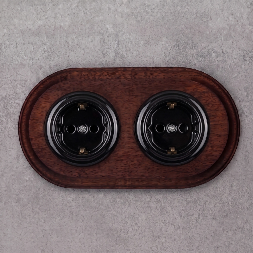 Elhard - Double prise murale en céramique rétro avec cadre SCHUKO 230V noir/bois foncé