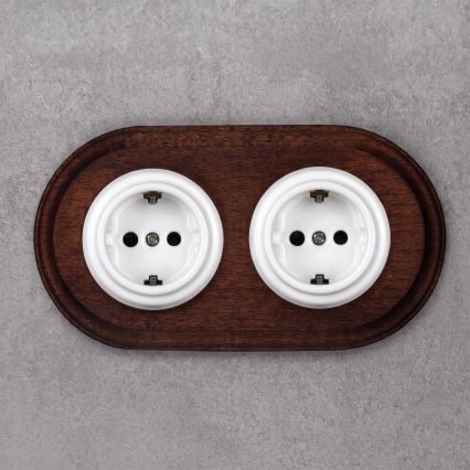 Elhard - Prise murale double en céramique rétro avec cadre SCHUKO 230V blanc/bois foncé