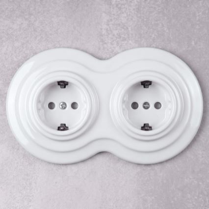 Elhard - Prise double rétro en céramique pour usage domestique avec cadre SCHUKO 230V, blanche