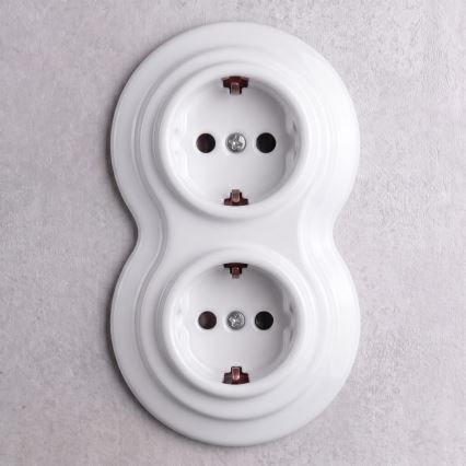 Elhard - Prise double rétro en céramique pour usage domestique avec cadre SCHUKO 230V, blanche