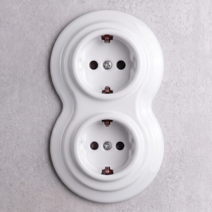 Elhard - Prise double rétro en céramique pour usage domestique avec cadre SCHUKO 230V, blanche