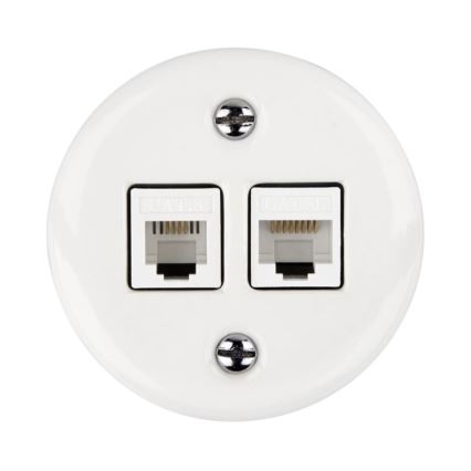 Elhard - Prise murale de données en céramique au style rétro, 2x RJ45, blanche