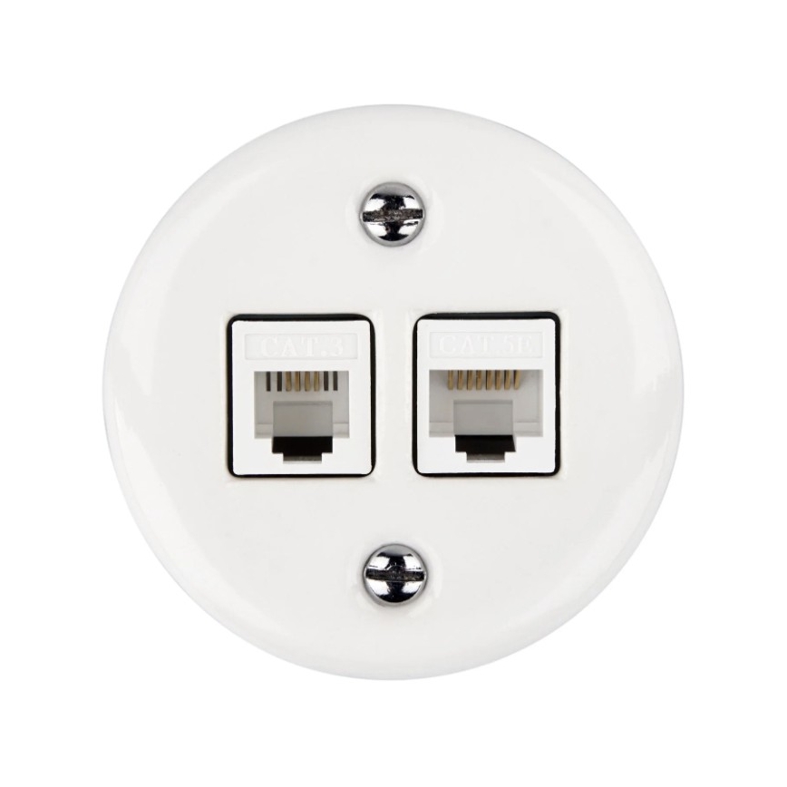 Elhard - Prise murale de données en céramique au style rétro, 2x RJ45, blanche