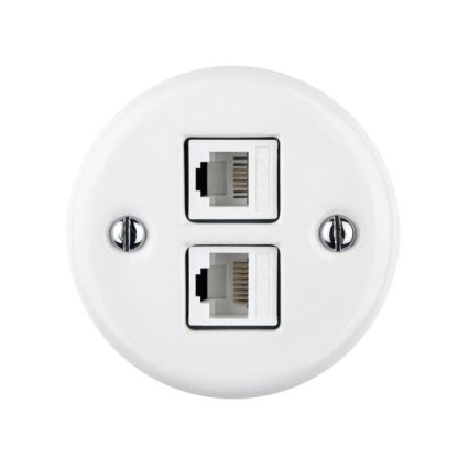 Elhard - Prise murale de données en céramique au style rétro, 2x RJ45, blanche
