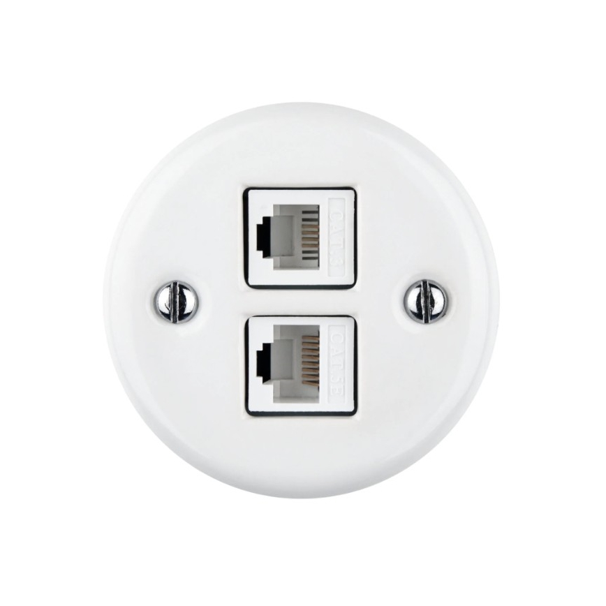 Elhard - Prise murale de données en céramique au style rétro, 2x RJ45, blanche