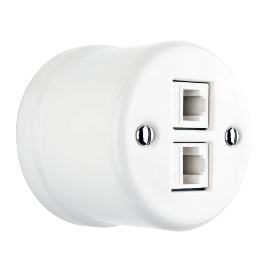 Elhard - Prise murale de données en céramique au style rétro, 2x RJ45, blanche