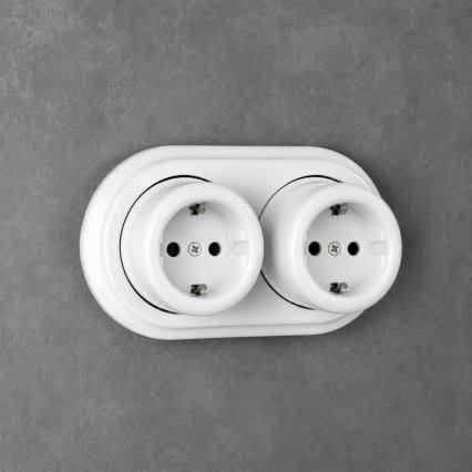 Elhard - Prise murale double en céramique de style rétro avec cadre SCHUKO 230 V, blanche