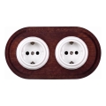 Elhard - Prise murale double en céramique rétro avec cadre SCHUKO 230V blanc/bois foncé