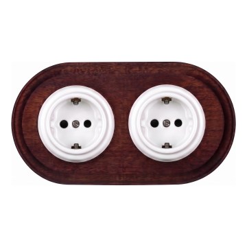 Elhard - Prise murale double en céramique rétro avec cadre SCHUKO 230V blanc/bois foncé