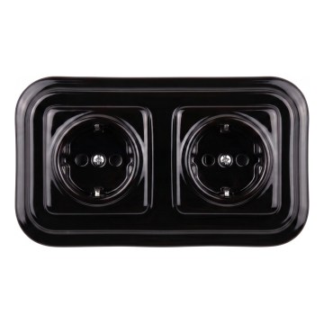 Elhard - Prise murale double rétro en céramique avec cadre SCHUKO 230 V, noire