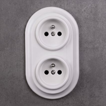 Elhard - Prise murale double rétro en céramique avec cadre SCHUKO 230V blanche