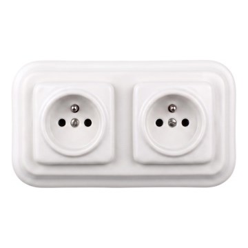 Elhard - Prise murale double rétro en céramique avec enjoliveur, 230 V, blanche