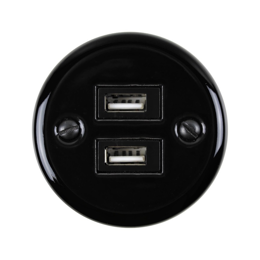Elhard - Prise murale rétro en céramique 2x USB-A noire