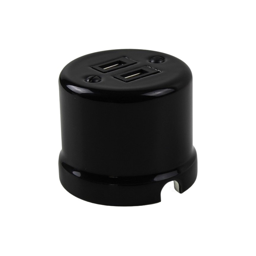 Elhard - Prise murale rétro en céramique 2x USB-A noire