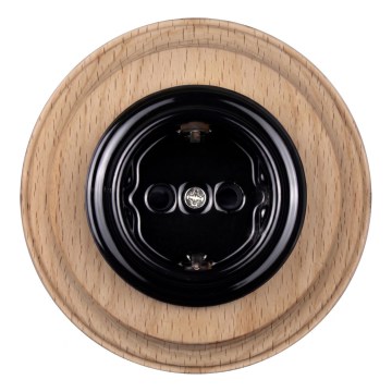 Elhard - Prise murale rétro en céramique avec cadre SCHUKO 230V noir/bois clair