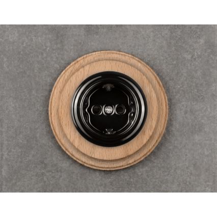 Elhard - Prise murale rétro en céramique avec cadre SCHUKO 230V noir/bois clair
