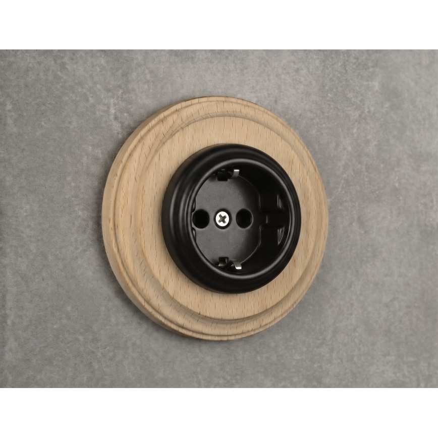 Elhard - Prise murale rétro en céramique avec cadre SCHUKO 230V noir/bois clair