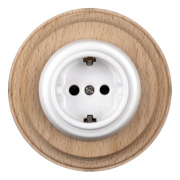 Elhard - Prise murale rétro en céramique pour usage domestique avec cadre SCHUKO 230V blanc/bois clair