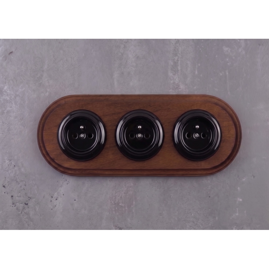 Elhard - Prise murale rétro triple en céramique avec plaque 230 V noir/bois foncé