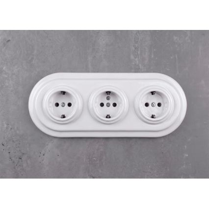 Elhard - Prise murale triple en céramique au style rétro avec cadre SCHUKO 230V blanche