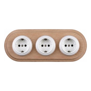 Elhard - Prise murale triple en céramique style rétro avec cadre SCHUKO 230 V blanc/bois clair