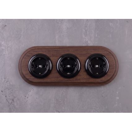 Elhard - Prise domestique rétro triple en céramique avec cadre SCHUKO 230V noir/bois foncé