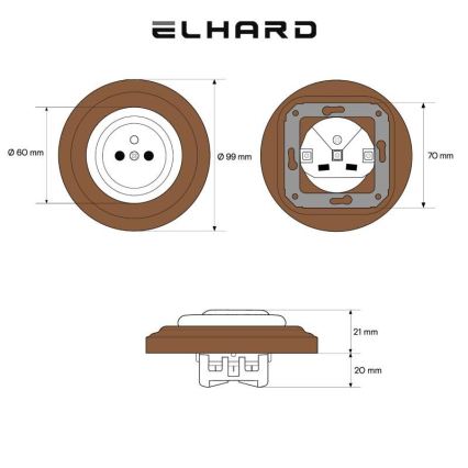 Elhard - Prise rétro murale en céramique avec cadre, 230 V, noir / bois foncé