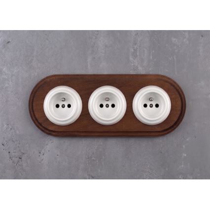 Elhard - Prise murale triple rétro en céramique avec cadre 230V blanc/bois foncé