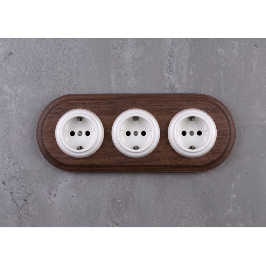 Elhard - Prise murale triple rétro en céramique avec cadre SCHUKO 230V blanc/bois foncé