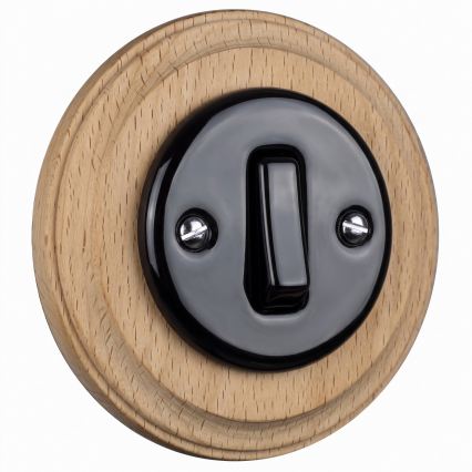 Elhard - retro keramische enkelschakelaar met lijst nr. 1 zwart/licht hout