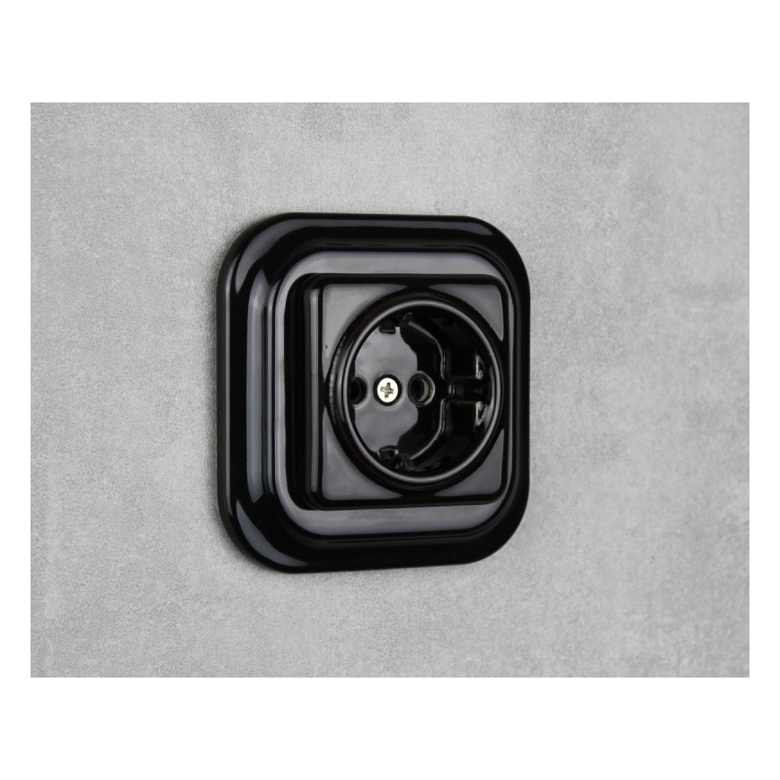 Elhard - Retro keramische wandcontactdoos (SCHUKO) zonder frame, 230V, zwart
