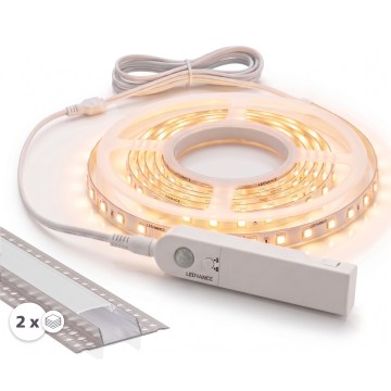 ENSEMBLE 1x ruban LED FLEX avec détecteur de mouvement, 3,6 W, alimentation 4×AA, 2 m + 2× profil d'encastrement 1 m, argenté/blanc
