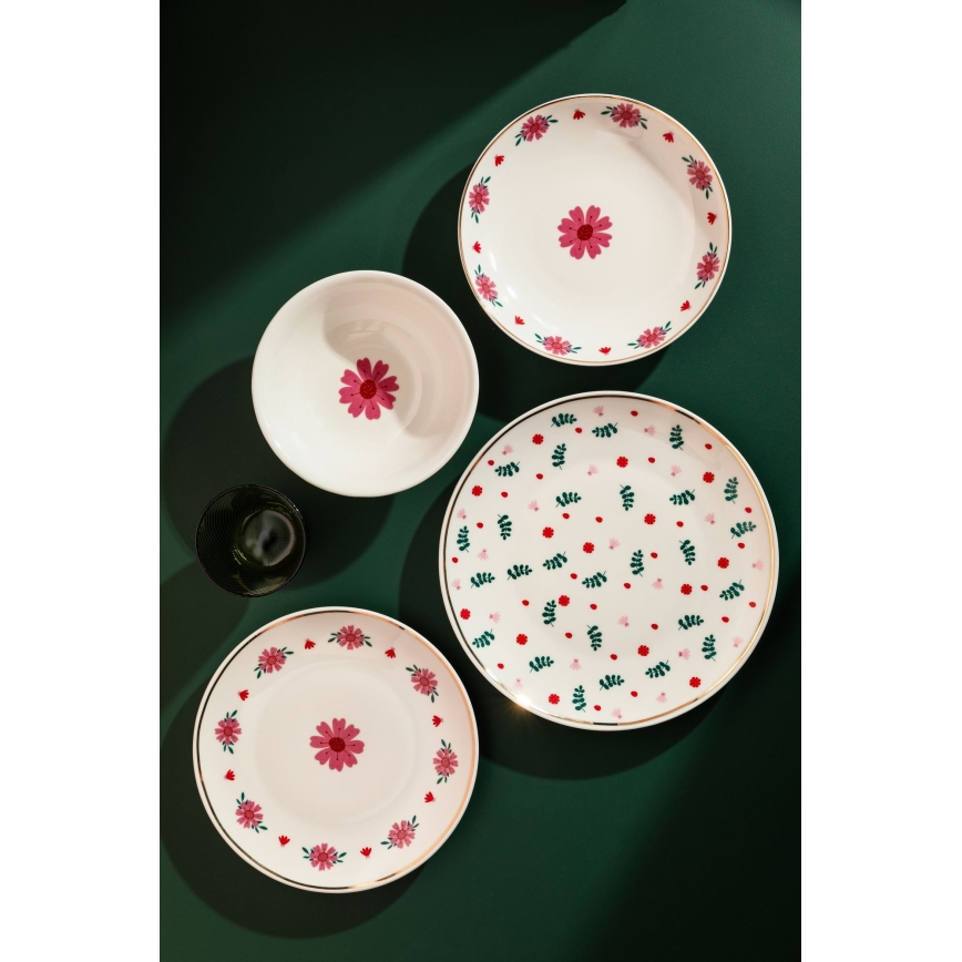 Ensemble de 24 pièces, blanc/rouge/vert, en porcelaine