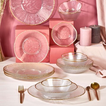 Ensemble de table 18 pièces en verre transparent avec finitions dorées