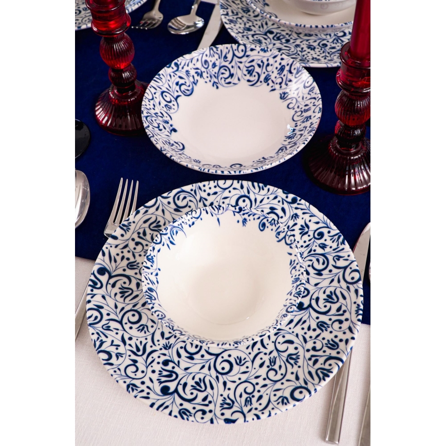Ensemble de vaisselle 18 pièces blanc/bleu/porcelaine